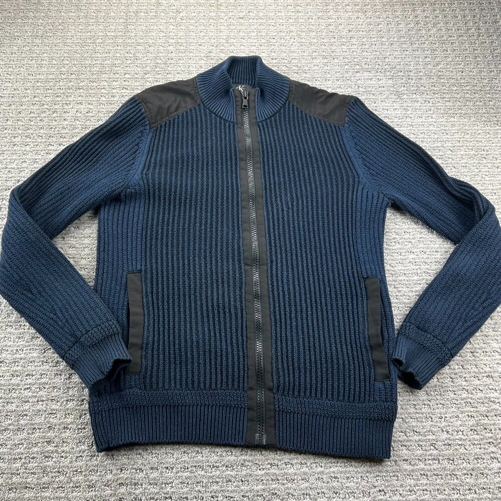Calkin Klein CK Full Zip Knit Sweater Men Small S Navy Blue Casual Cozy